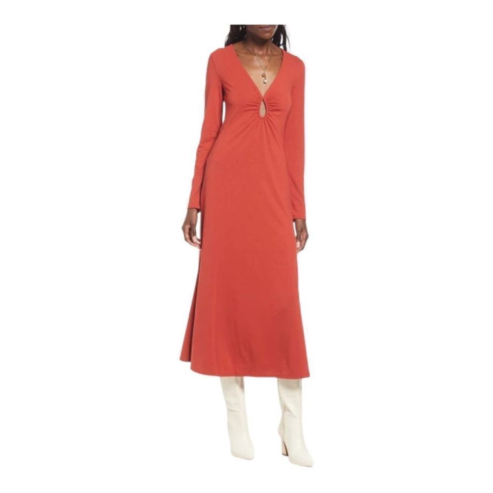 OPEN EDIT Ruched Cutout Long Sleeve Midi Dress In Rust Bossa Nova size L NWT